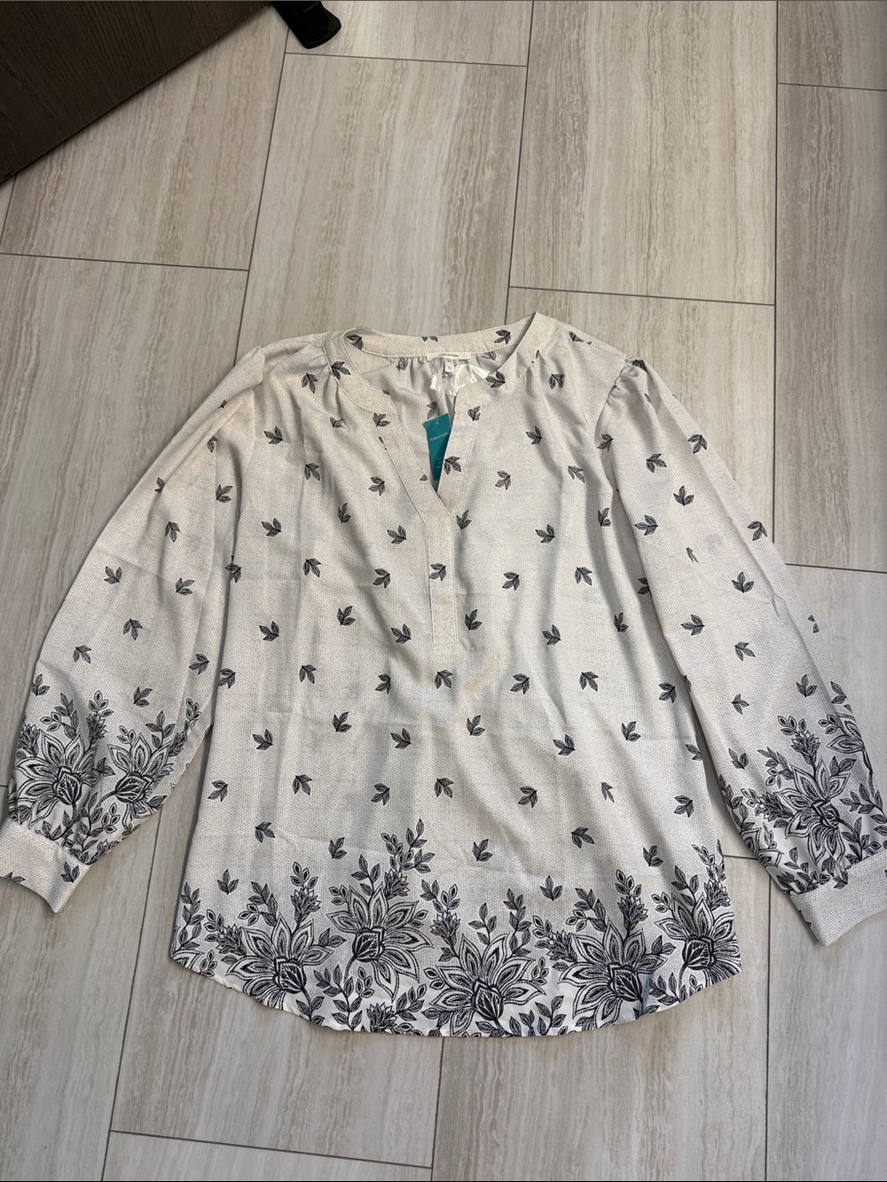 Maurices Cream Blouse with Black Floral Border Print NWT